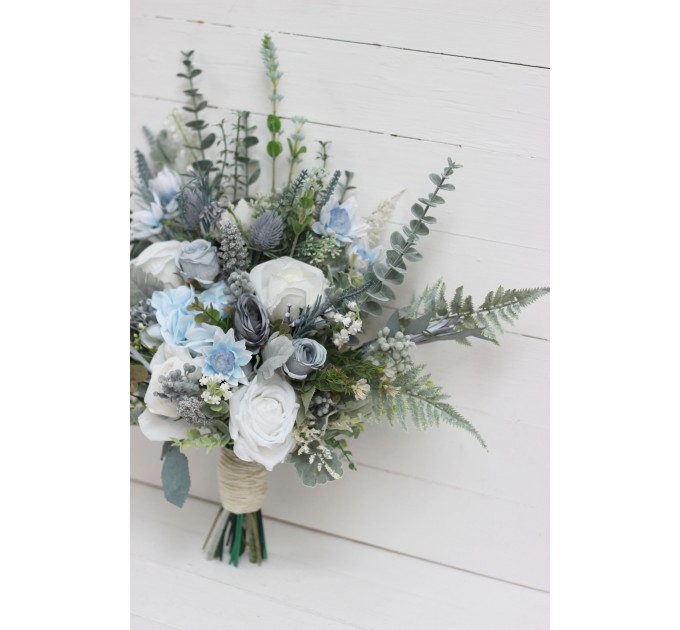 Wedding bouquets in dusty blue white colors. Bridal bouquet. Faux bouquet. Bridesmaid bouquet. 5116