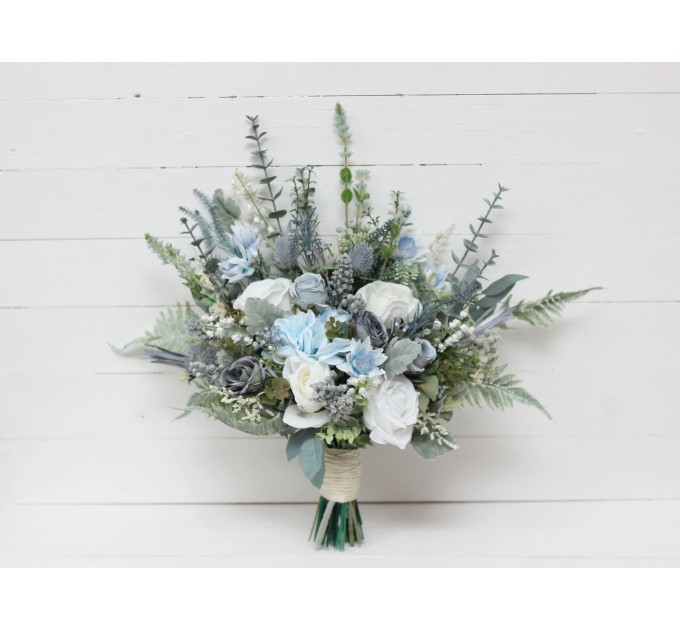 Wedding bouquets in dusty blue white colors. Bridal bouquet. Faux bouquet. Bridesmaid bouquet. 5116