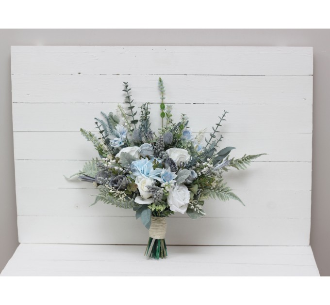 Wedding bouquets in dusty blue white colors. Bridal bouquet. Faux bouquet. Bridesmaid bouquet. 5116
