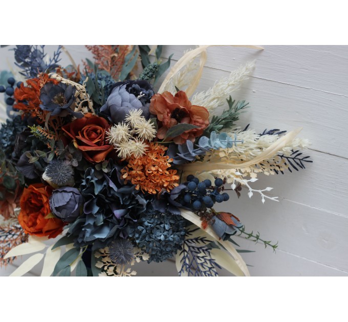 Wedding bouquets in rust blue ivory colors. Bridal bouquet. Faux bouquet. Bridesmaid bouquet. 5115