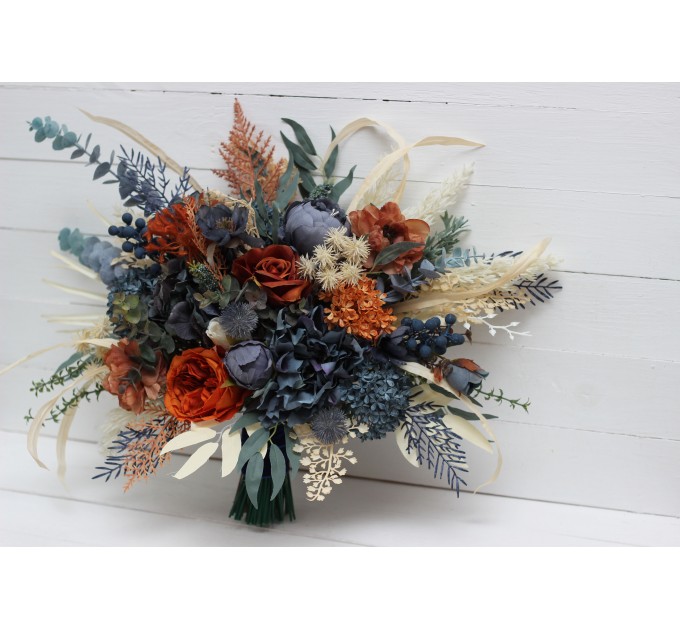 Wedding bouquets in rust blue ivory colors. Bridal bouquet. Faux bouquet. Bridesmaid bouquet. 5115