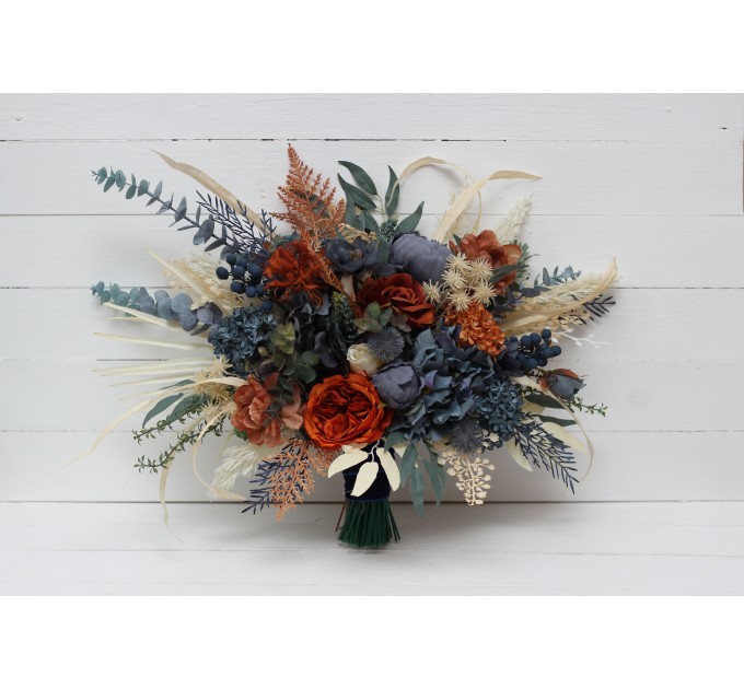 Wedding bouquets in rust blue ivory colors. Bridal bouquet. Faux bouquet. Bridesmaid bouquet. 5115