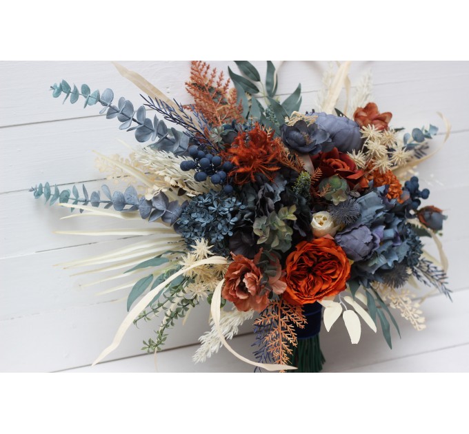 Wedding bouquets in rust blue ivory colors. Bridal bouquet. Faux bouquet. Bridesmaid bouquet. 5115