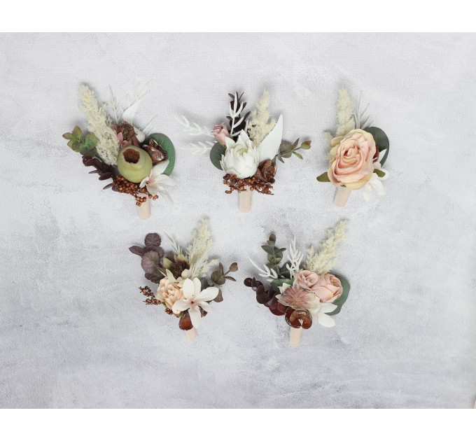  Wedding boutonnieres and wrist corsage  in beige white blush pink color scheme. Flower accessories. 5113