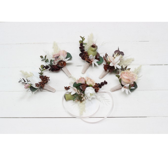  Wedding boutonnieres and wrist corsage  in beige white blush pink color scheme. Flower accessories. 5113