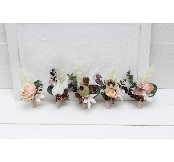  Wedding boutonnieres and wrist corsage  in beige white blush pink color scheme. Flower accessories. 5113