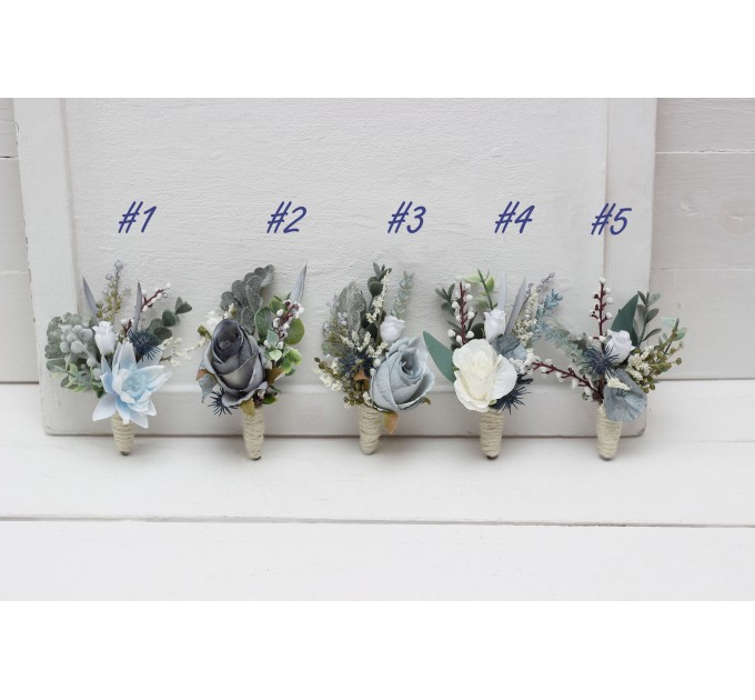  Wedding boutonnieres and wrist corsage  in dusty blue white color scheme. Flower accessories. 5116
