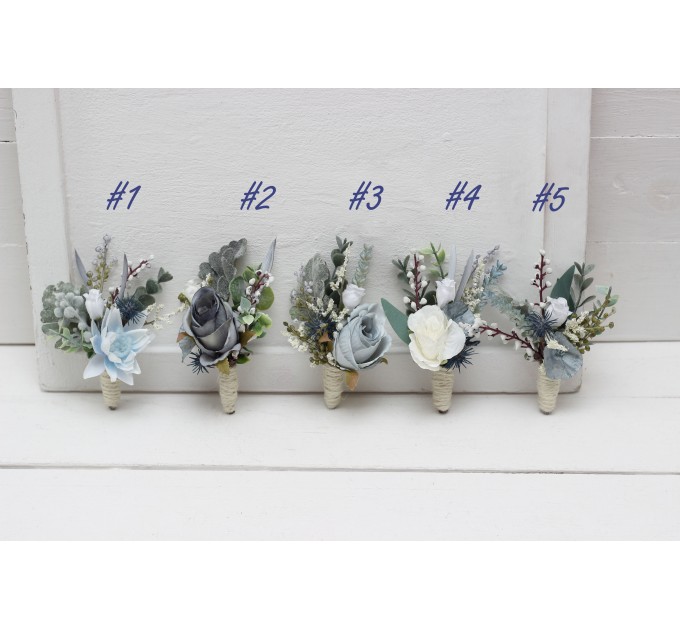 Wedding boutonnieres and wrist corsage in dusty blue white color scheme. Flower accessories. 5116