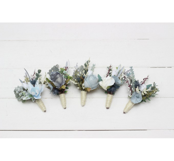  Wedding boutonnieres and wrist corsage  in dusty blue white color scheme. Flower accessories. 5116