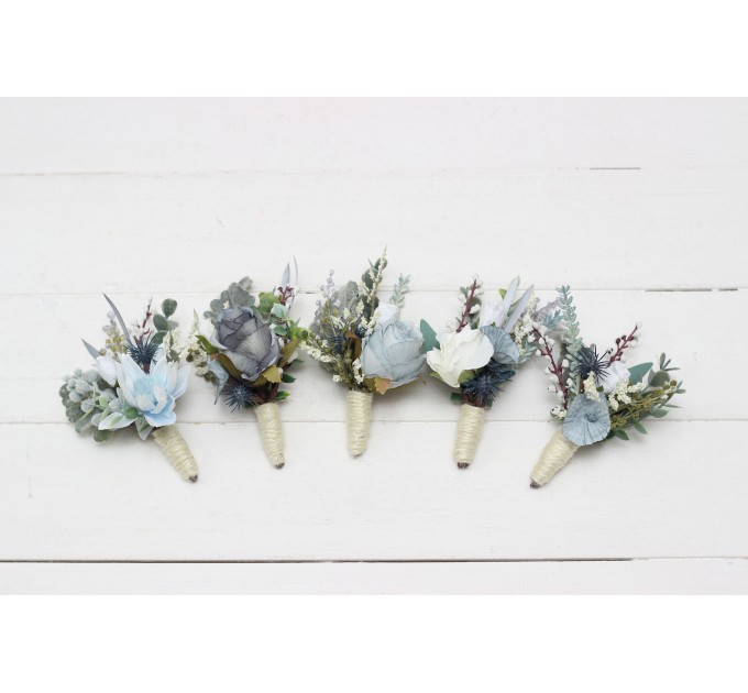 Wedding boutonnieres and wrist corsage in dusty blue white color scheme. Flower accessories. 5116
