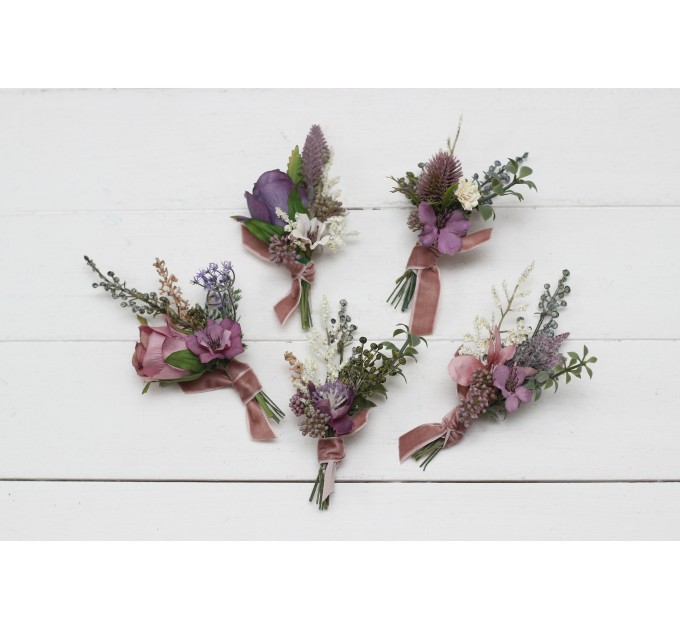  Wedding boutonnieres and wrist corsage  in mauve purple cream color scheme. Flower accessories. 5114
