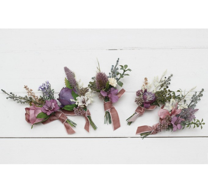  Wedding boutonnieres and wrist corsage  in mauve purple cream color scheme. Flower accessories. 5114