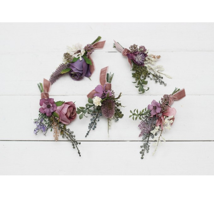  Wedding boutonnieres and wrist corsage  in mauve purple cream color scheme. Flower accessories. 5114