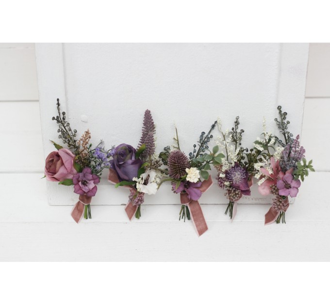  Wedding boutonnieres and wrist corsage  in mauve purple cream color scheme. Flower accessories. 5114