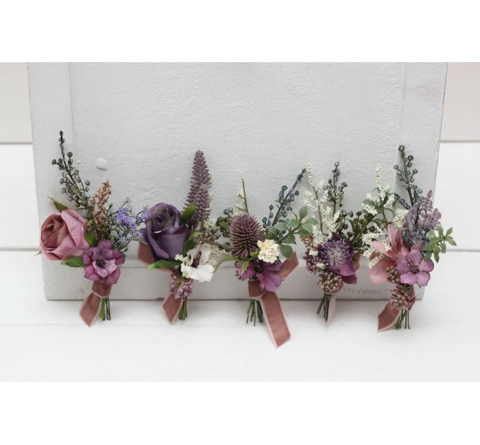  Wedding boutonnieres and wrist corsage  in mauve purple cream color scheme. Flower accessories. 5114