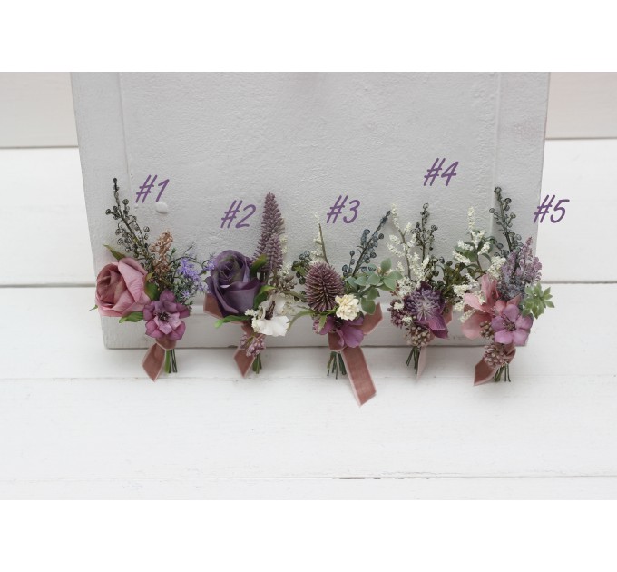  Wedding boutonnieres and wrist corsage  in mauve purple cream color scheme. Flower accessories. 5114