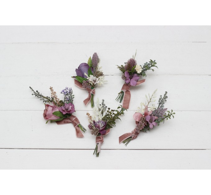  Wedding boutonnieres and wrist corsage  in mauve purple cream color scheme. Flower accessories. 5114