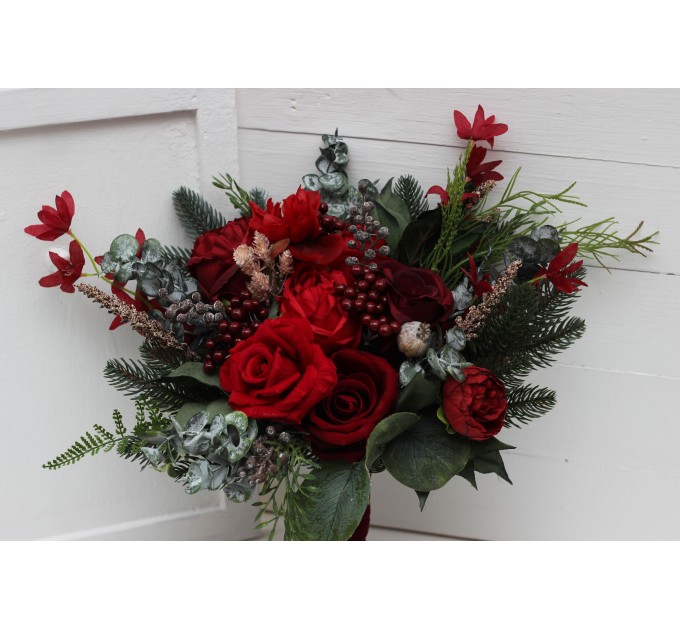 Winter pine bouquet. Red protea bouquet. Faux cones bouquet. Classic wedding. Vine silk flowers. Red green color scheme. Hunter green bouquet. 5117