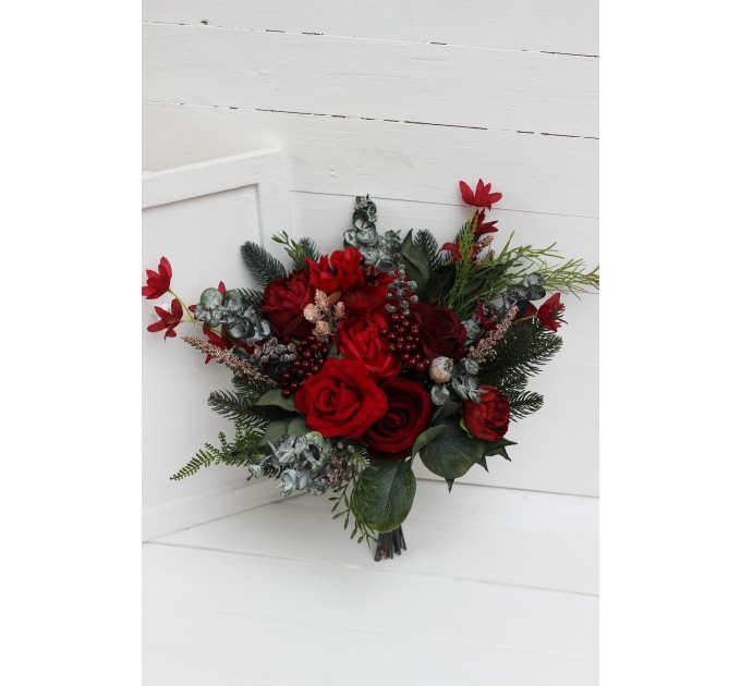 Winter pine bouquet. Red protea bouquet. Faux cones bouquet. Classic wedding. Vine silk flowers. Red green color scheme. Hunter green bouquet. 5117