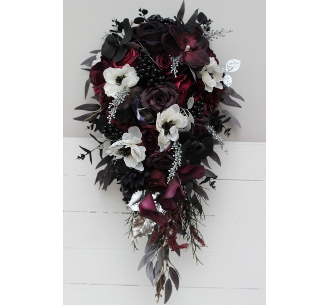 Cascading bouquet. Deep purple black silver white anemone flowers. Fall bridal bouquet. Faux bouquet. Halloween wedding. 5125