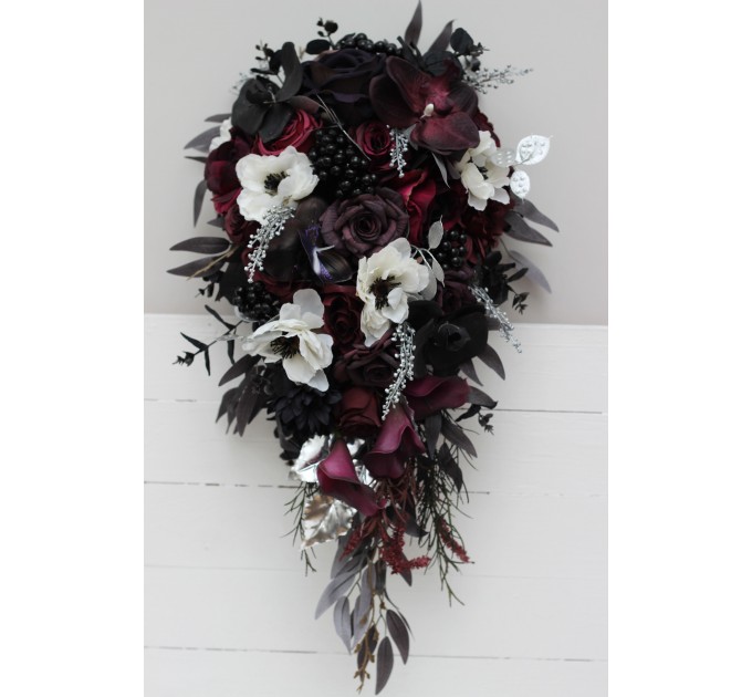 Deep Purple, Black, Silver, and White Anemone Wedding Bouquets – Gothic & Halloween Cascade Bouquet
