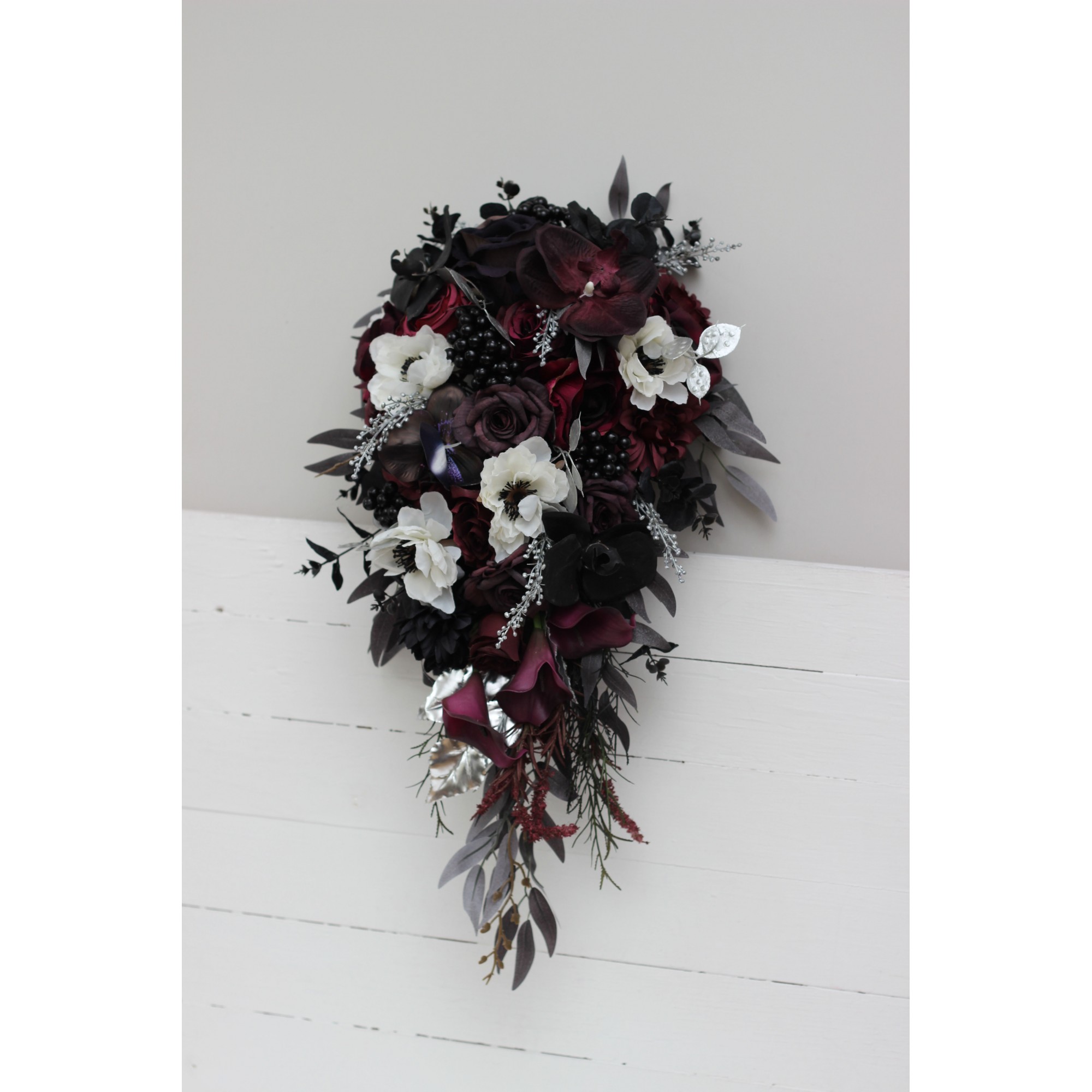 Deep Purple \u0026 Black Anemone Faux Bouquets – Gothic and Moody Wedding Flowers  - Cascade Bouquet, image size:2000x2000