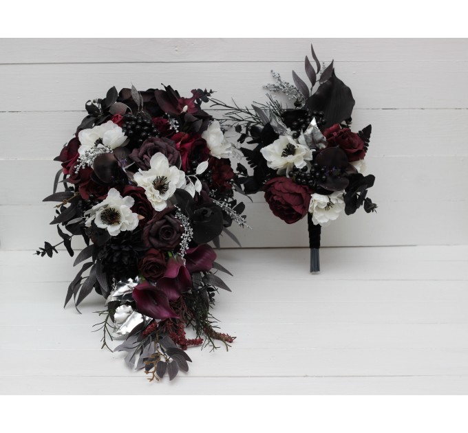 Cascading bouquet. Deep purple black silver white anemone flowers. Fall bridal bouquet. Faux bouquet. Halloween wedding. 5125