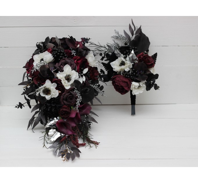 Deep Purple, Black, Silver, and White Anemone Wedding Bouquets – Gothic & Halloween Cascade Bouquet