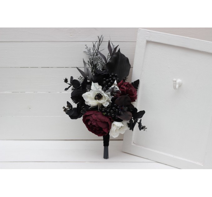 Deep Purple, Black, Silver, and White Anemone Wedding Bouquets – Gothic & Halloween Cascade Bouquet