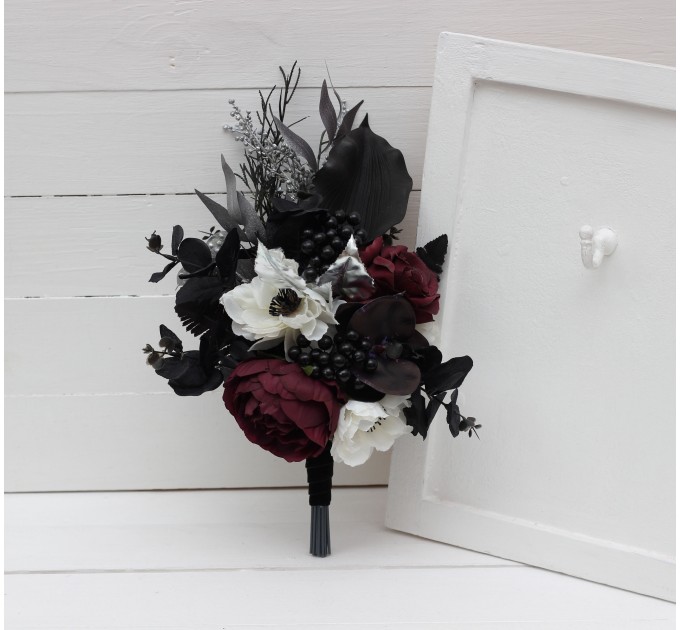 Deep Purple, Black, Silver, and White Anemone Wedding Bouquets – Gothic & Halloween Cascade Bouquet