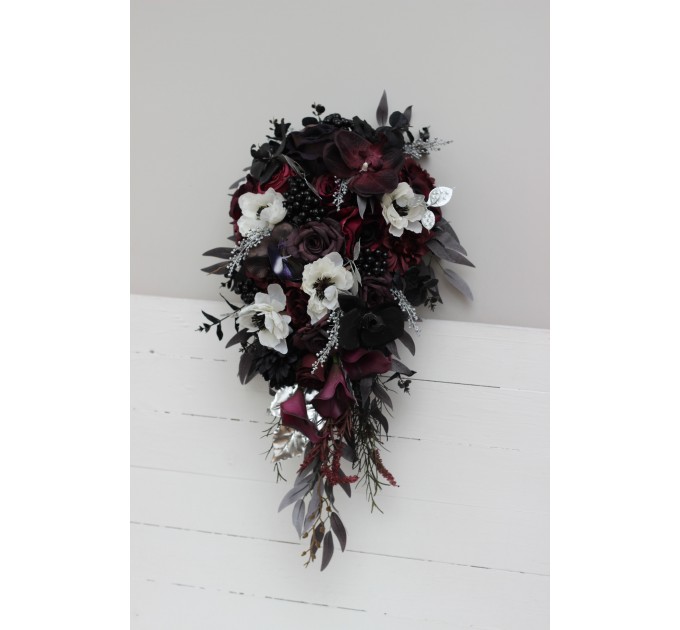 Deep Purple, Black, Silver, and White Anemone Wedding Bouquets – Gothic & Halloween Cascade Bouquet