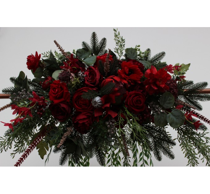  Flower arch arrangement in green and red colors.  Arbor flowers. Floral archway. Faux flowers for wedding arch. 5117