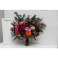 Jewel-tone wedding. Emerald green orange pink magenta flowers. Bridal bouquet. Faux bouquet. Bridesmaid bouquet. 5127