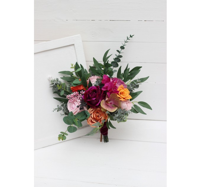 Jewel-tone wedding. Emerald green orange pink magenta flowers. Bridal bouquet. Faux bouquet. Bridesmaid bouquet. 5127