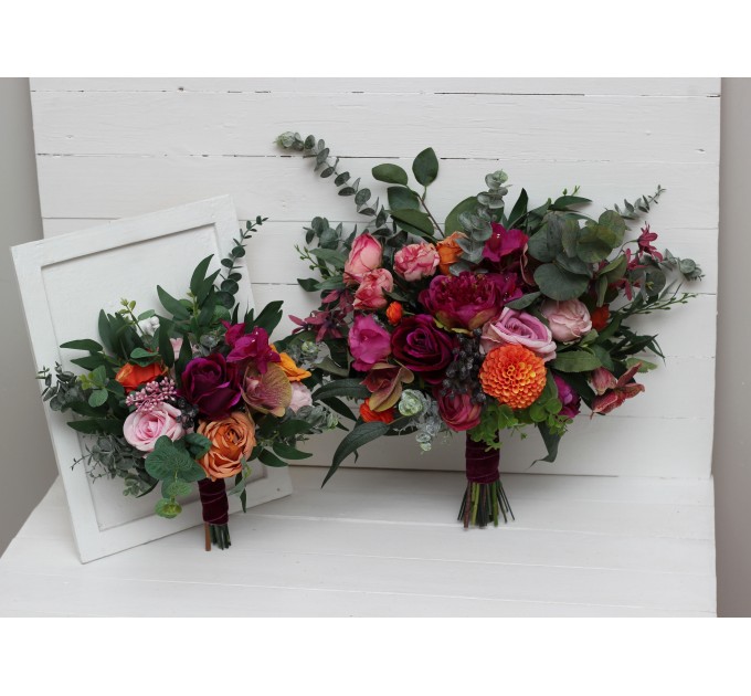 Jewel-Tone Wedding Bouquets in Emerald Green, Orange, Pink & Magenta | Faux Bridal & Bridesmaid Bouquets