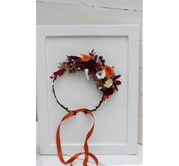 Rust burgundy white flower crown. Hair wreath. Flower girl crown. Wedding flowers. 5124