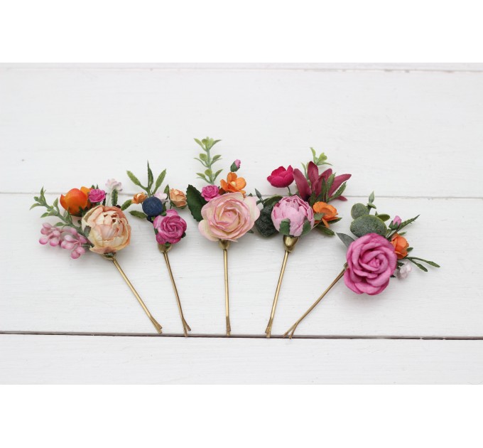  Set of  5 bobby pins in orange pink magenta  color scheme. Jewel-tone wedding. Hair accessories. Flower accessories for wedding. 5127