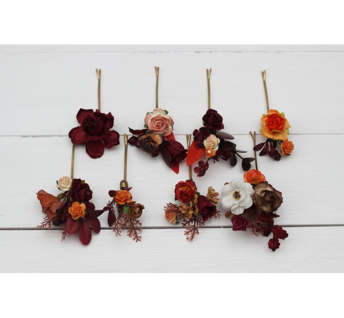  Set of 8 bobby pins in rust burgundy white color scheme. Hair accessories. Flower accessories for wedding.  5124