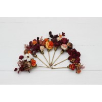  Set of 8 bobby pins in rust burgundy white color scheme. Hair accessories. Flower accessories for wedding.  5124