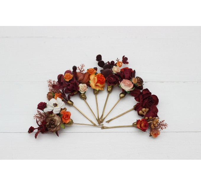  Set of 8 bobby pins in rust burgundy white color scheme. Hair accessories. Flower accessories for wedding.  5124