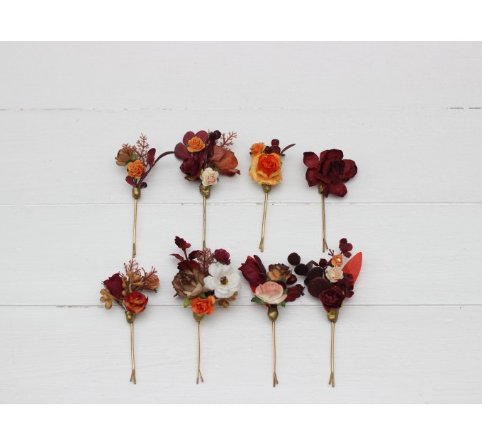  Set of 8 bobby pins in rust burgundy white color scheme. Hair accessories. Flower accessories for wedding.  5124