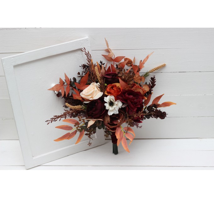Wedding bouquets in rust burgundy white colors. Bridal bouquet. Faux bouquet. Bridesmaid bouquet. 5124