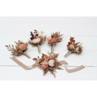  Wedding boutonnieres and wrist corsage  in cinnamon terracotta beige color scheme. Flower accessories. 5118