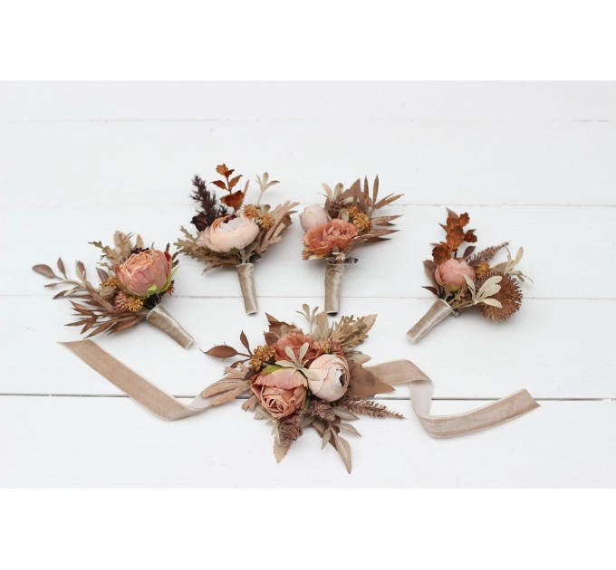  Wedding boutonnieres and wrist corsage  in cinnamon terracotta beige color scheme. Flower accessories. 5118
