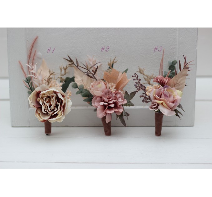  Wedding boutonnieres and wrist corsage  in dusty rose blush pink color scheme. Flower accessories. 5123