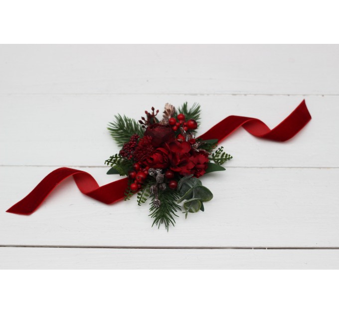  Wedding boutonnieres and wrist corsage  in red and green color scheme. Flower accessories. 5117