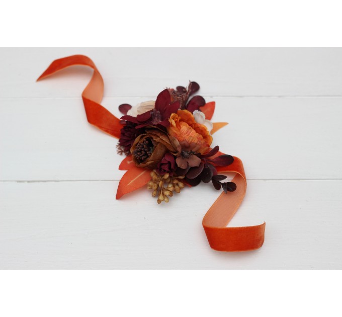  Wedding boutonnieres and wrist corsage  in rust burgundy white color scheme. Flower accessories. 5124