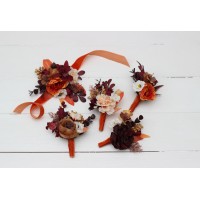  Wedding boutonnieres and wrist corsage  in rust burgundy white color scheme. Flower accessories. 5124