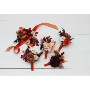  Wedding boutonnieres and wrist corsage  in rust burgundy white color scheme. Flower accessories. 5124