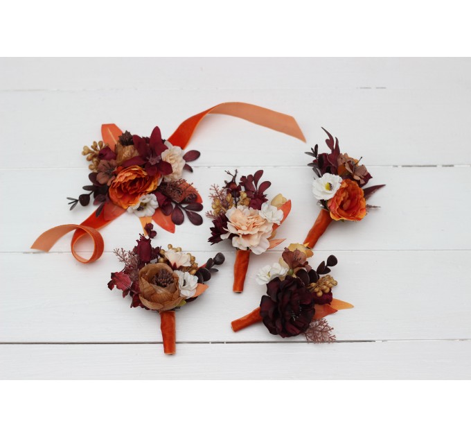  Wedding boutonnieres and wrist corsage  in rust burgundy white color scheme. Flower accessories. 5124